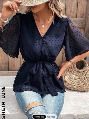 SHEIN Navy Swiss Dot Wrap Tie Peplum Blouse